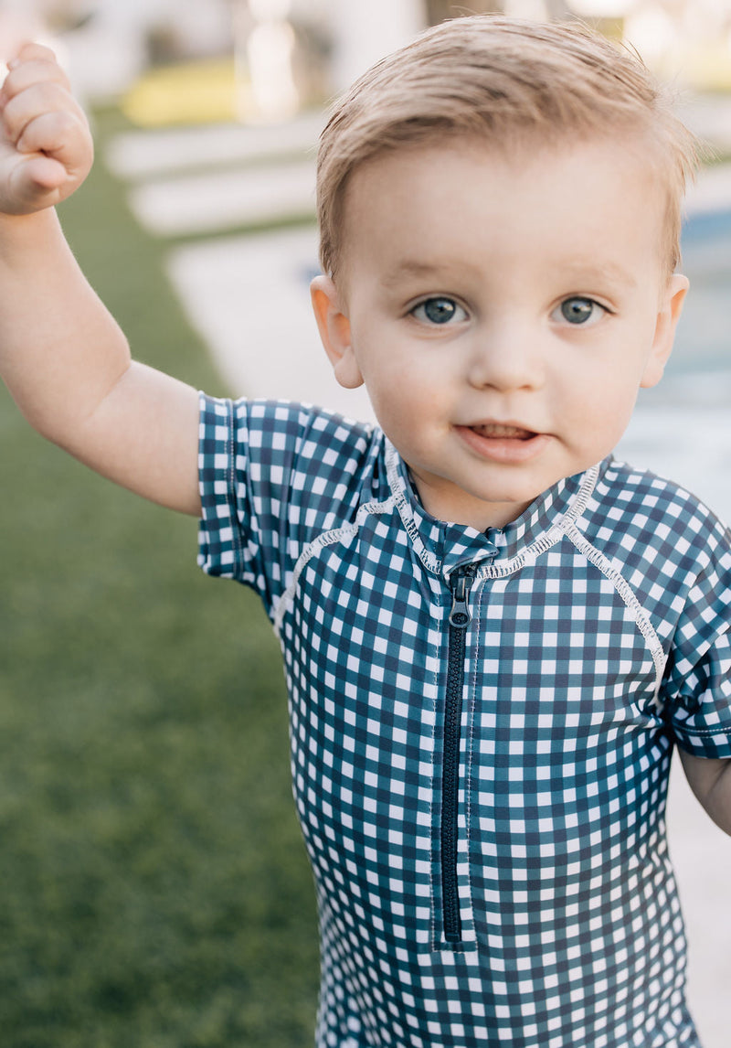 Navy Gingham Zipper Swimsuit