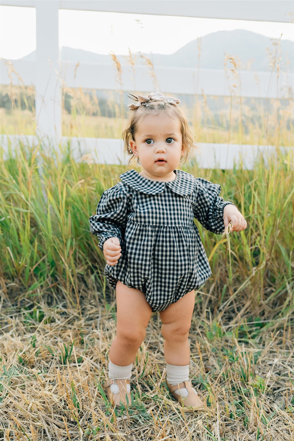 Gingham Peter Pan Collar Long Sleeve Bubble Romper