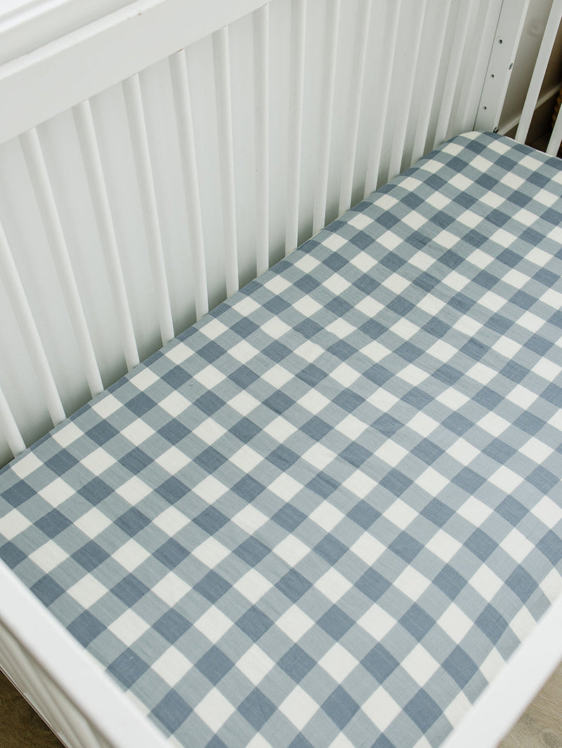 Dusty Blue Gingham Muslin Crib Sheet