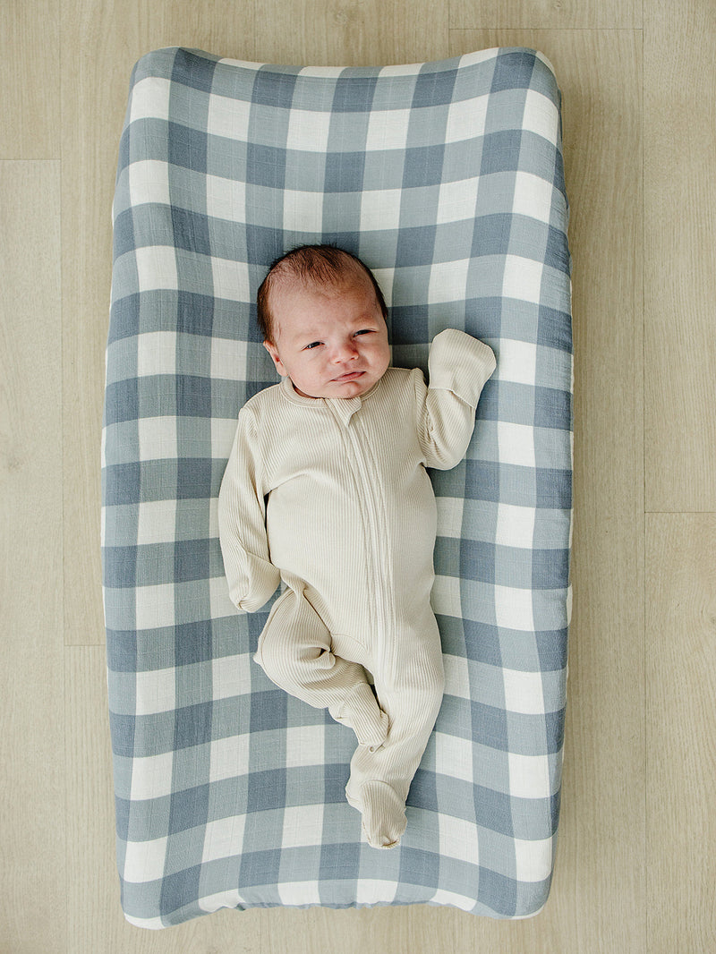 Dusty Blue Gingham Muslin Changing Pad Cover