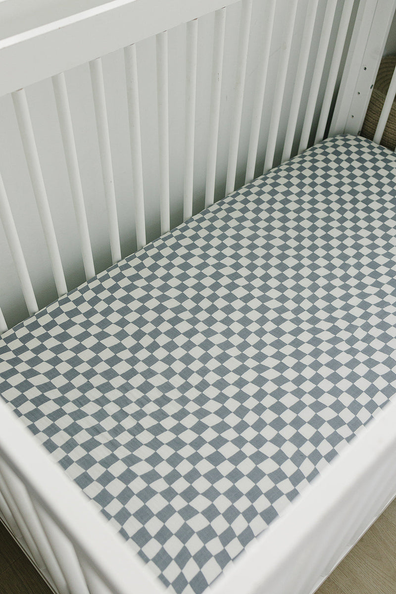 Dusty Blue Wavy Checkered Muslin Crib Sheet