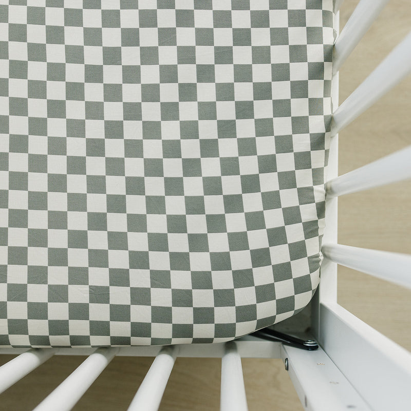 Light Green Checkered Bamboo Stretch Crib Sheet