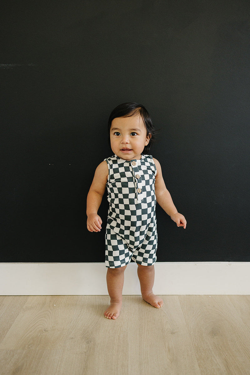 Charcoal Wavy Checkered Short Romper