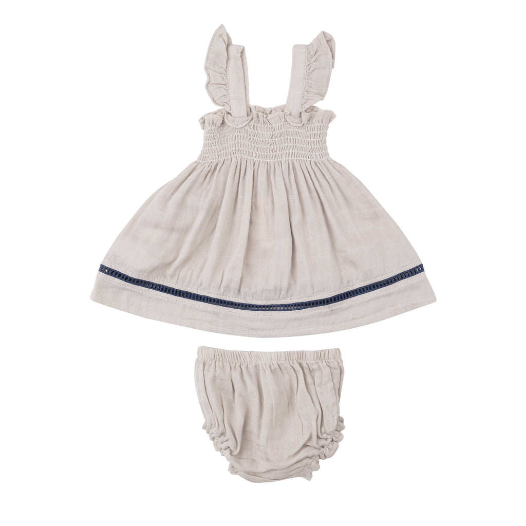 Ruffle Strap Smocked Top And Diaper Cover With Trim - Oatmeal Solid Muslin