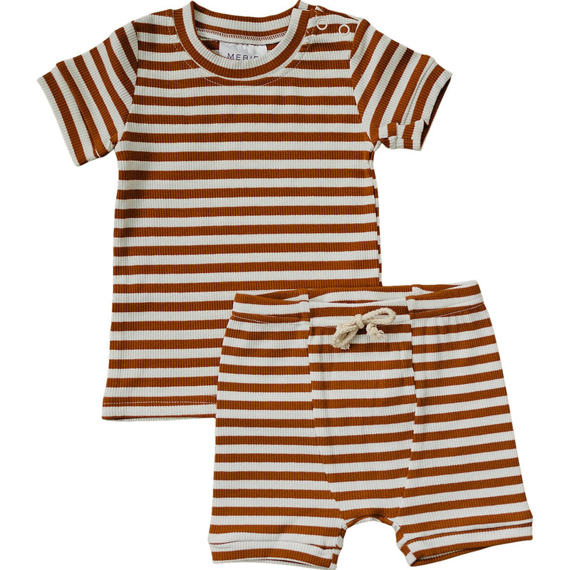 Honey & White Stripe Ribbed Cozy Short Set