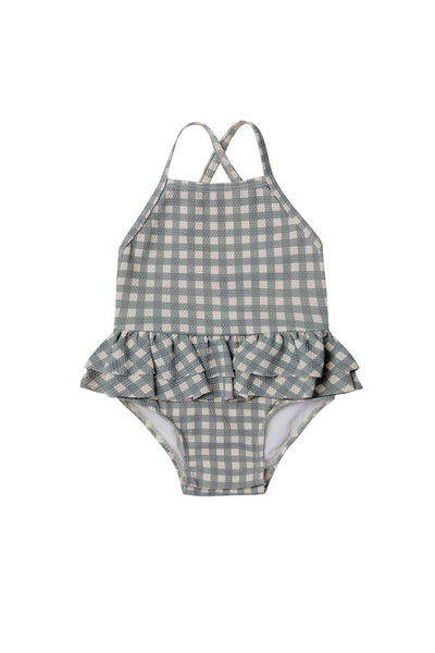 RUFFLED ONE-PIECE SWIMSUIT - SEA GREEN GINGHAM