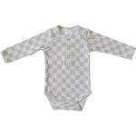 Taupe Checkered Snap Long Sleeve Bodysuit