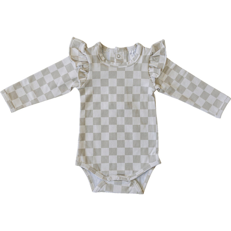 Taupe Checkered Ruffle Sleeve Bodysuit